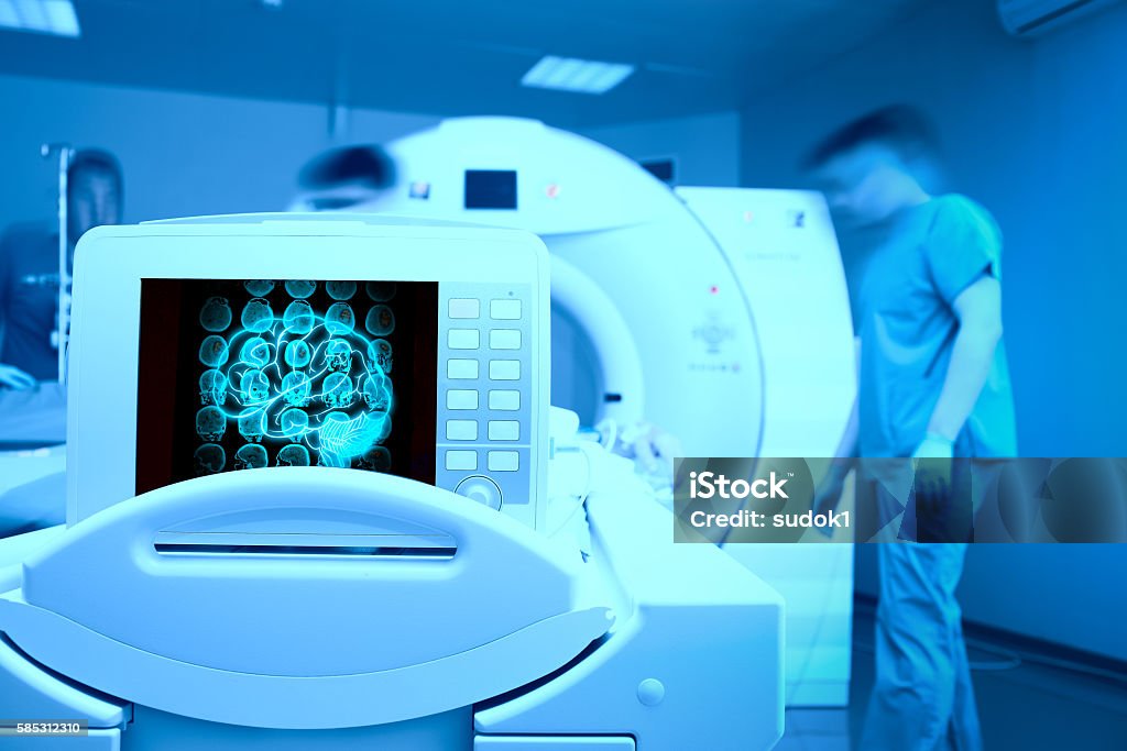 MRI scan of patient`s brain MRI scan on the monitor of patient`s head Medical X-ray Stock Photo