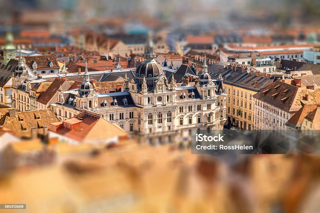 Town hall in Graz city Top view on the town hall from the castle hill in Graz city. Traveling Austria. Tilt-shift image technic Aerial View Stock Photo