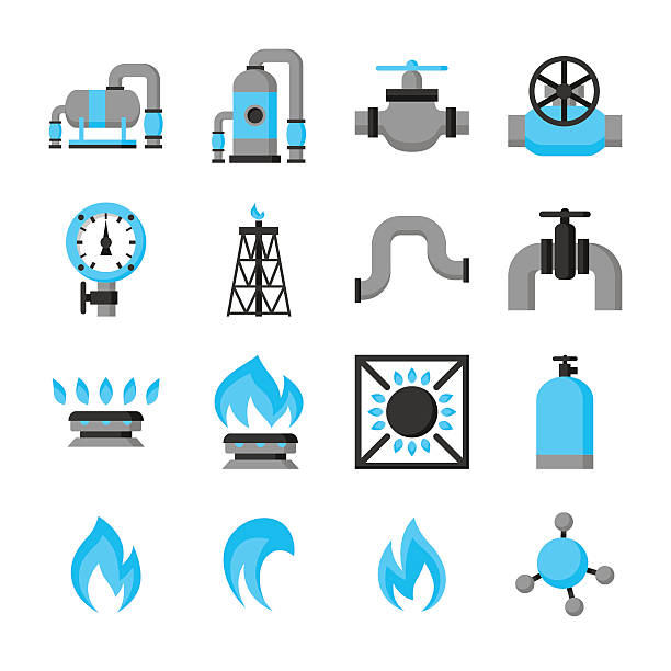 добыча, закачки и хранение природного газа. набор объектов - flaming torch flame fire symbol stock illustrations