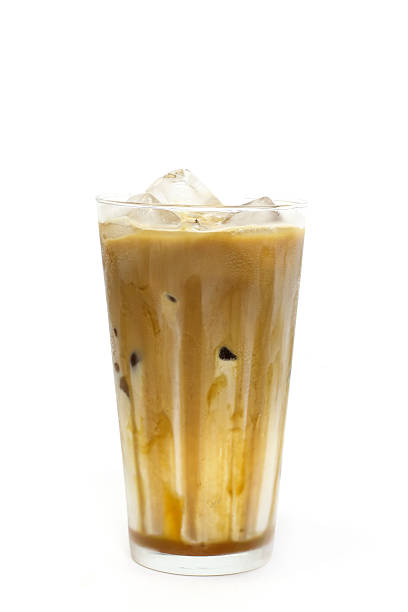 istock Iced caramel coffee in white background 585314834