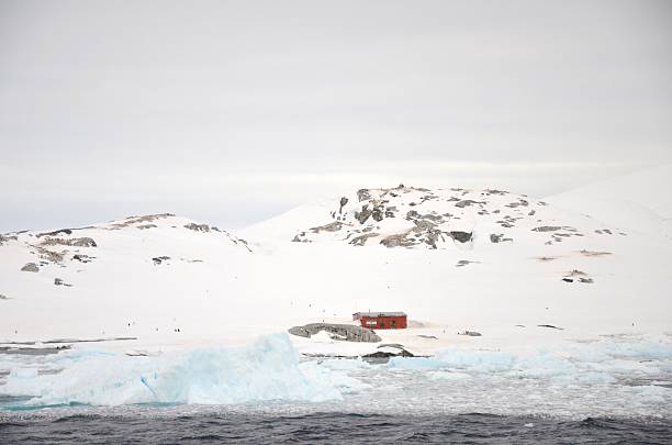 Petermann Island Building A 1950's era building erected by Argentine explorers but now maintained by others sits on a tiny bay with sea ice and icebergs at Petermann Island, Antarctica. petermann island photos stock pictures, royalty-free photos & images