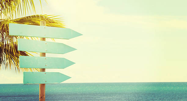 istock Empty wooden direction sign at the tranquil beach 585323260