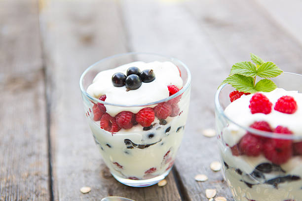 istock Natural yogurt with fresh raspberries, black currant and muesli. 585323880