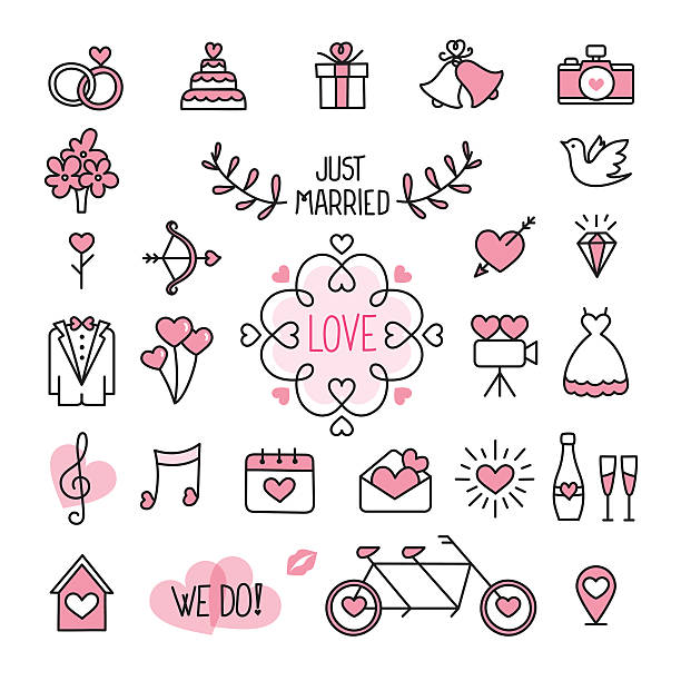 ilustraciones, imágenes clip art, dibujos animados e iconos de stock de iconos de boda - wedding