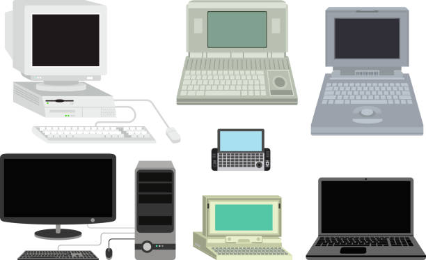 Old computer vector illustration Old omputer technology vector isolated. Telecommunication equipment old vintage pc monitor frame computer modern office network. Old computer device electronic equipment space. mainframe stock illustrations