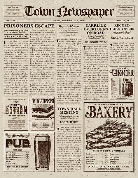 Vintage Victorian Style Newspaper Design Template A vector illustration of an old fashioned newspaper in a Victorian style of typography. Decorative typefaces are mixed together to create the design. Download includes AI10 EPS and a high resolution JPEG file.  figurehead stock illustrations