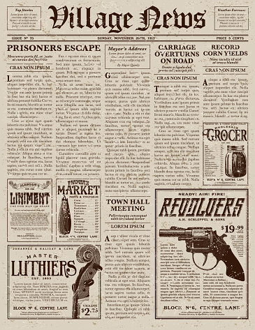 A vector illustration of an old fashioned newspaper in a Victorian style of typography. Decorative typefaces are mixed together to create the design. Download includes AI10 EPS and a high resolution JPEG file. 