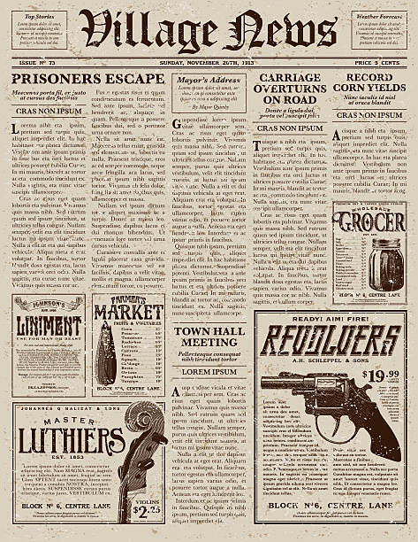 Vintage Victorian Style Newspaper Design Template A vector illustration of an old fashioned newspaper in a Victorian style of typography. Decorative typefaces are mixed together to create the design. Download includes AI10 EPS and a high resolution JPEG file.  old guns stock illustrations
