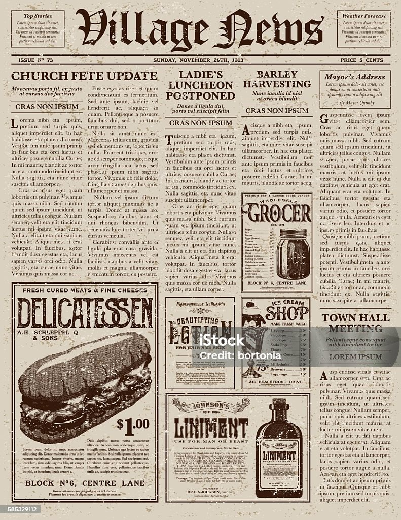 Vintage Victorian Style Newspaper Design Template A vector illustration of an old fashioned newspaper in a Victorian style of typography. Decorative typefaces are mixed together to create the design. Download includes AI10 EPS and a high resolution JPEG file.  Newspaper stock vector