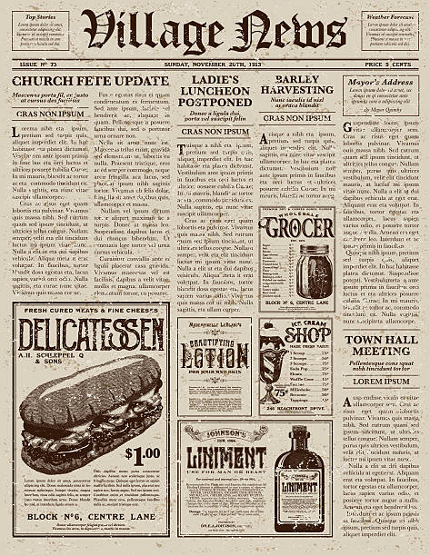 Vintage Victorian Style Newspaper Design Template A vector illustration of an old fashioned newspaper in a Victorian style of typography. Decorative typefaces are mixed together to create the design. Download includes AI10 EPS and a high resolution JPEG file.  old newspaper stock illustrations