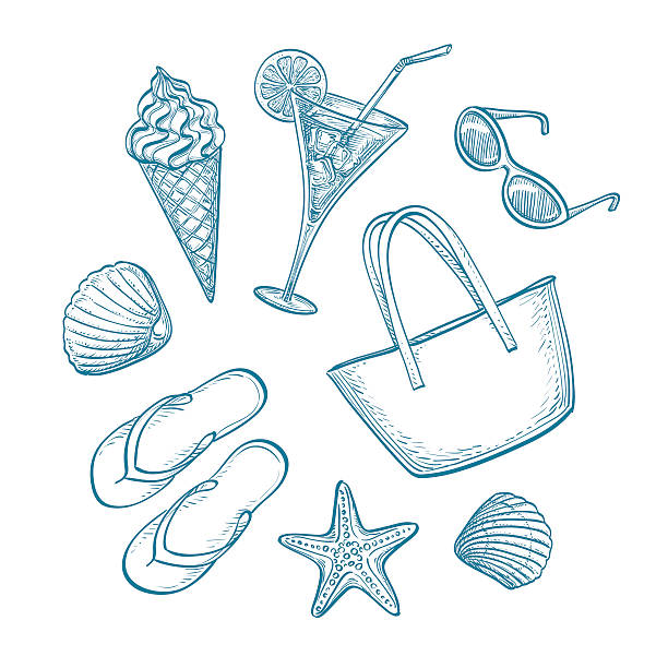 ilustrações de stock, clip art, desenhos animados e ícones de conjunto de esboço de verão - etching starfish engraving engraved image