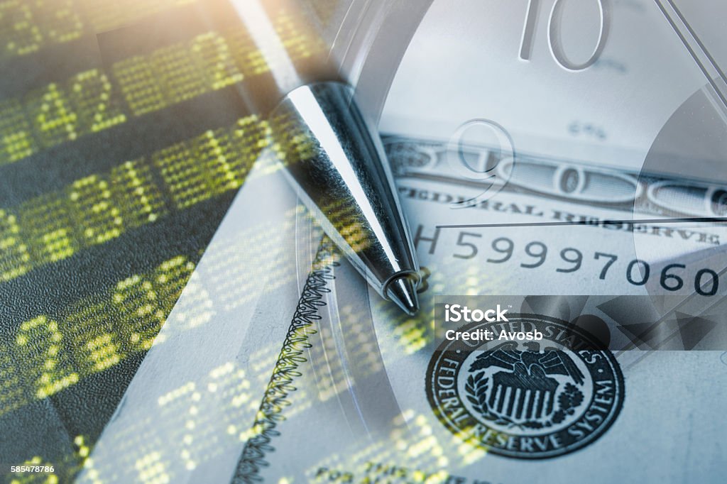 Finance, banking concept. Euro coins, us dollar banknote close-up Finance and banking concept. Euro coins and us dollar banknote close-up. Abstract image of Financial system with selective focus, toned, double exposure. Bank Deposit Slip Stock Photo