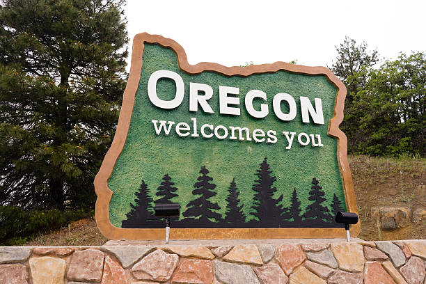 Oregon State Welcome Sign Interstate 5 Northbound Transportation stock photo