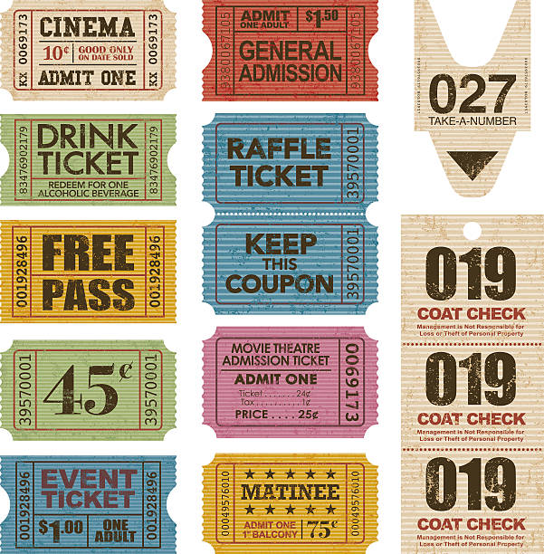 Old Fashioned Ticket Stub Icon Set A set of various simple ticket stub icons: Movie tickets, general admission, coat check tickets, take one ticket, events, matinees, raffles, and drink tickets. Isolated on white. Download includes an AI10 EPS file as well as a high resolution RGB JPEG. ticket stub stock illustrations