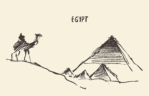 Sketch of the Pyramids and camel Giza in Cairo, Egypt. Vector illustration
