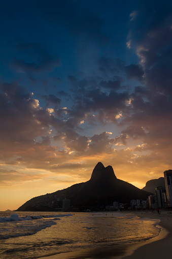 Sunset at Ipanema Beach, Rio de Janeiro, Brazil, overlooking Morro Dois Irmãos