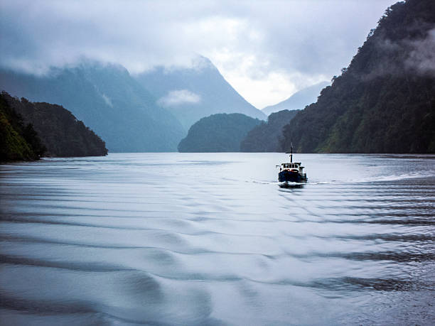 Ship is crossing the Doubtful Sound, New Zealand stock photo
