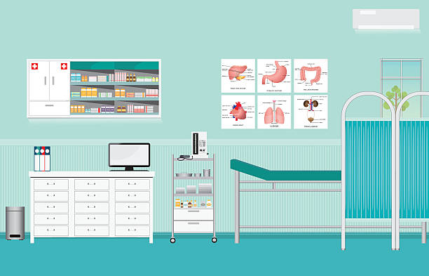 illustrazioni stock, clip art, cartoni animati e icone di tendenza di visita medica o controllo medico camera interna. - ambulatorio medico