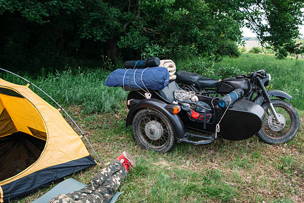 istock Lonely travel on sidecar, rest from civilization 585489266
