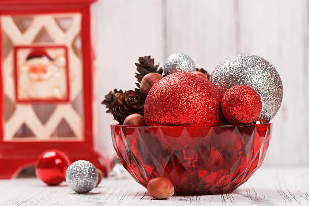 istock Christmas decorations on white wooden table 585489764