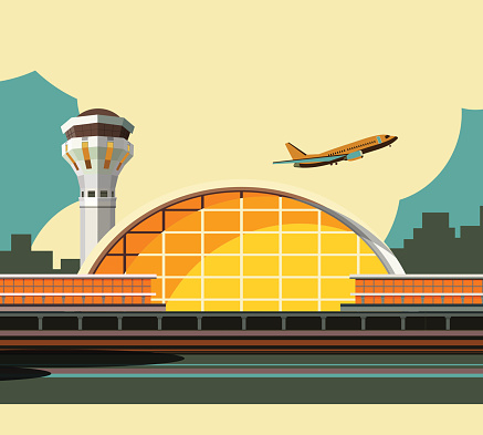 vector illustration of the airport building on city background in retro style and colors