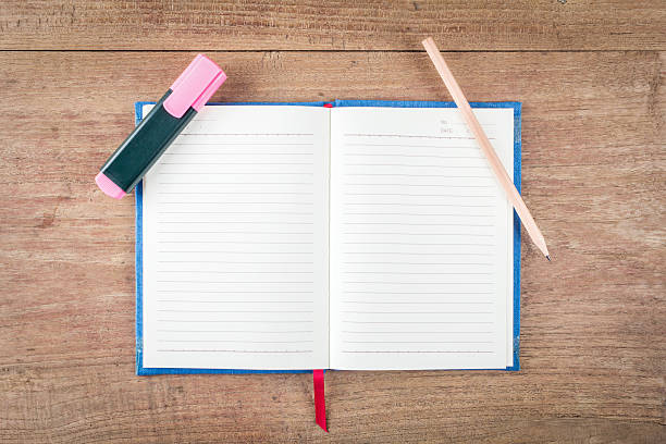 Blank open notebook with pen and marker stock photo