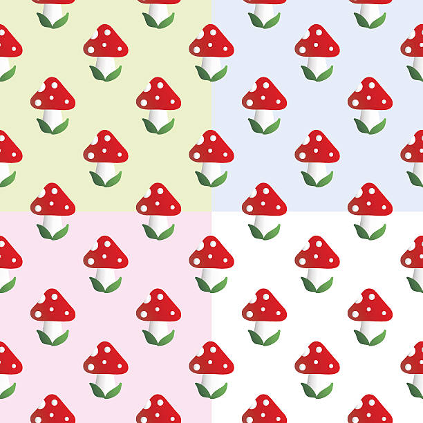 Pattern with fly agaric Four baby seamless pattern with mushroom with red cap, white dots and white stipe - fly bane, on a green, blue, pink and white background little grebe (tachybaptus ruficollis) stock illustrations