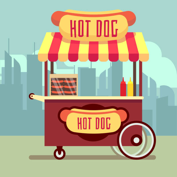 street-food-verkaufswagen mit hot dogs vektor-illustration - wallpaper pattern square macro urban scene stock-grafiken, -clipart, -cartoons und -symbole