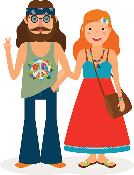Hippie girl and man icons Hippie sixties girl and man of flower power. Vector illustration 60s style dresses stock illustrations