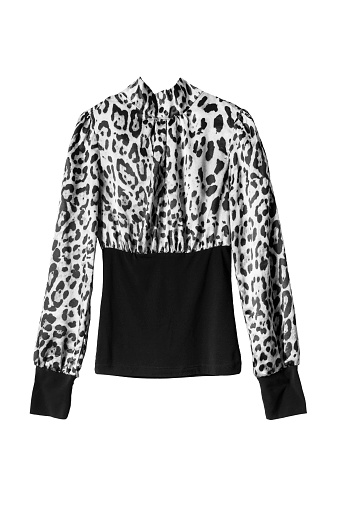 Black and white leopard printed blouse on white background