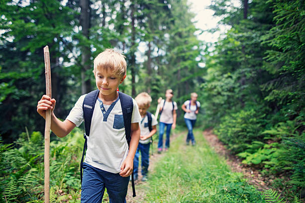 Little boy and his family hiking in forest Little boy and hid family through a dense forest. Kids are aged 6 and 10. field trip stock pictures, royalty-free photos & images