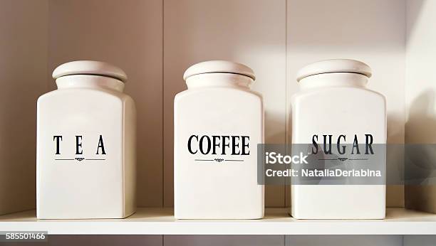 Modern Tea Coffee And Sugar Bowl In Pantry Shelf Stock Photo - Download Image Now - Jar, Coffee - Drink, Sugar - Food
