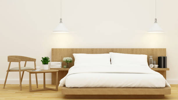 istock bedroom in wooden design and frame for artwork- 3d rendering 585501942