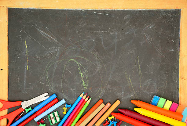 istock School supplies on blackboard from above. Copy Space. 585502556