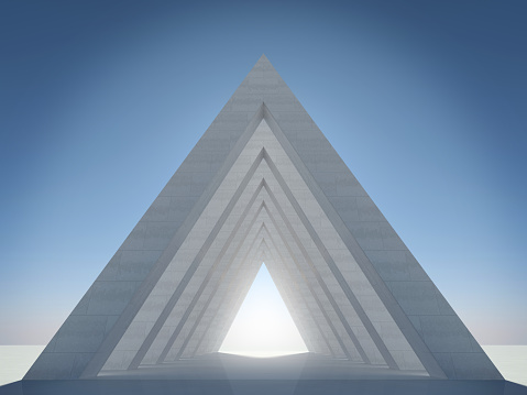 A strange, mysterious, magnificent structure in the form of a pyramid arch. 3D rendering of high quality