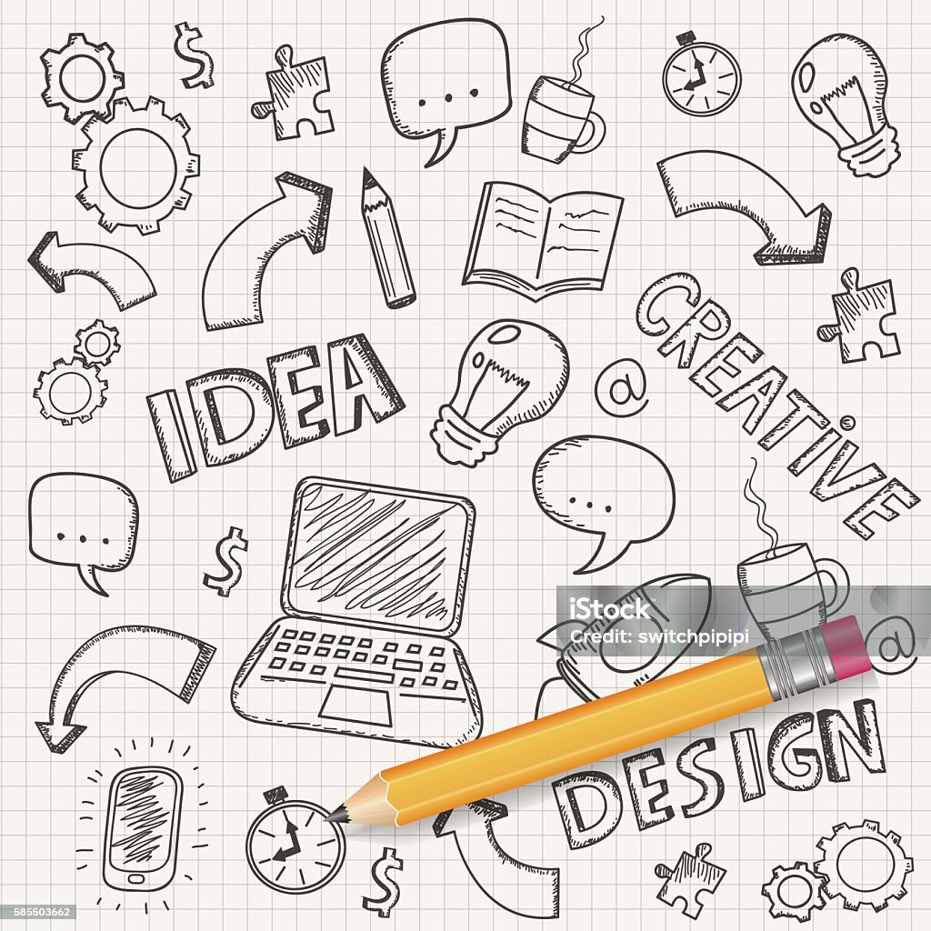 Idea concept with pencil and doodle sketches. Business doodles set. Idea concept with pencil and doodle sketches. Infographic icons. Business doodles set. Vector illustration Innovation stock vector