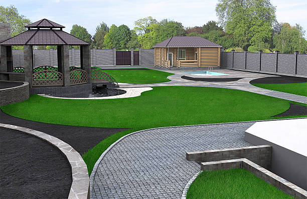 istock Wide angle panoramic view of the yard, 3d render 585505572
