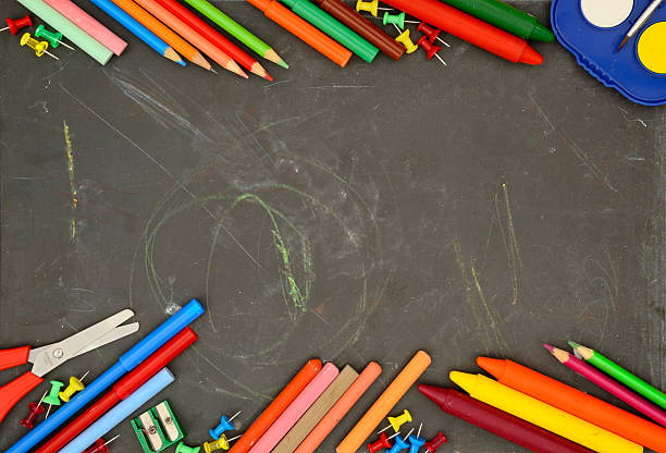 istock School supplies on blackboard. Copy Space. 585505860