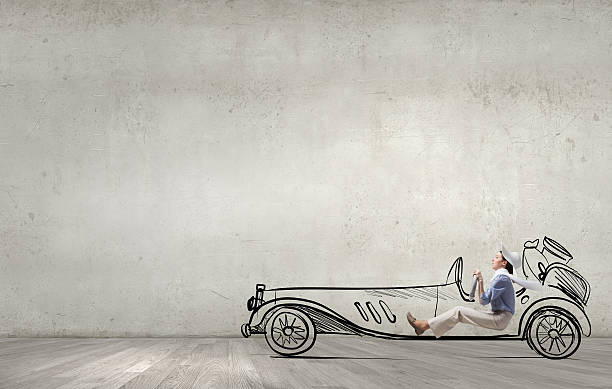 istock Woman driving old styled drawn car . Mixed media 585507498