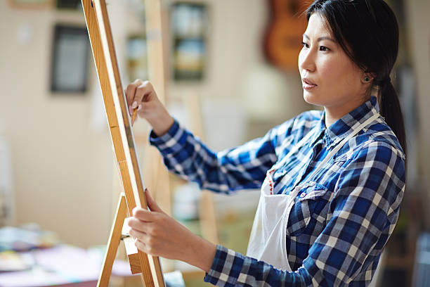 女性の描出  - women artist painting easel ストックフォトと画像