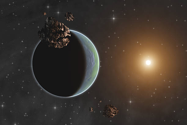 istock Planet and asteroid on starry background with sunrise over horizon. 585511632