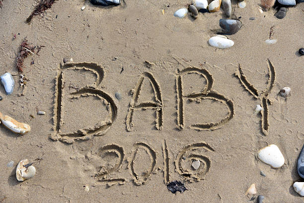 istock Baby 2016 mesage words on the sand beach 585511634