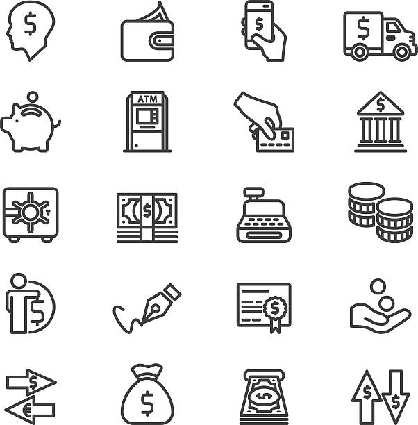 ikony banków finansowych i linii płatności | eps10 - money bag symbol check banking stock illustrations