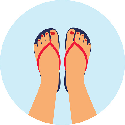 Vector illustration female feet with a pedicure in the summer flip-flops. summer - concept background