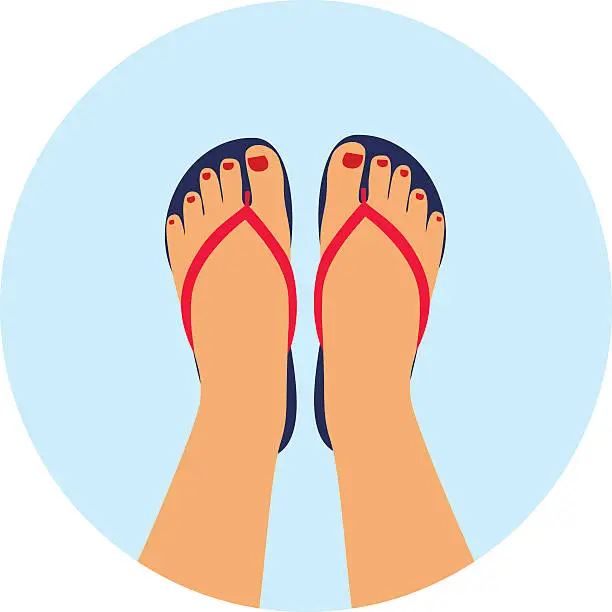 Vector illustration of female feet with a pedicure in the summer flip-flops.