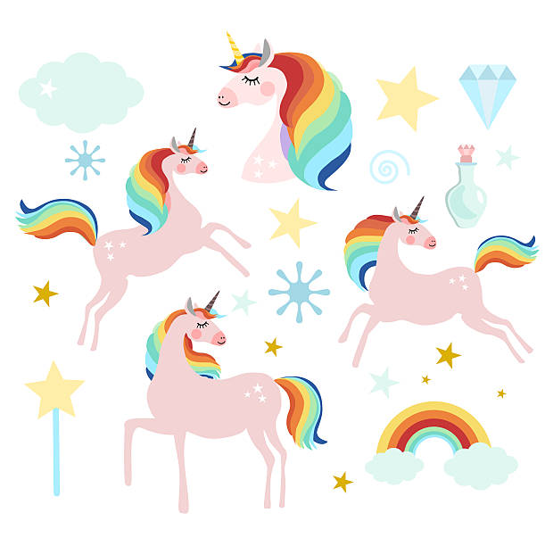 illustrations, cliparts, dessins animés et icônes de ensemble d’éléments de licorne de fée magique - unicorn