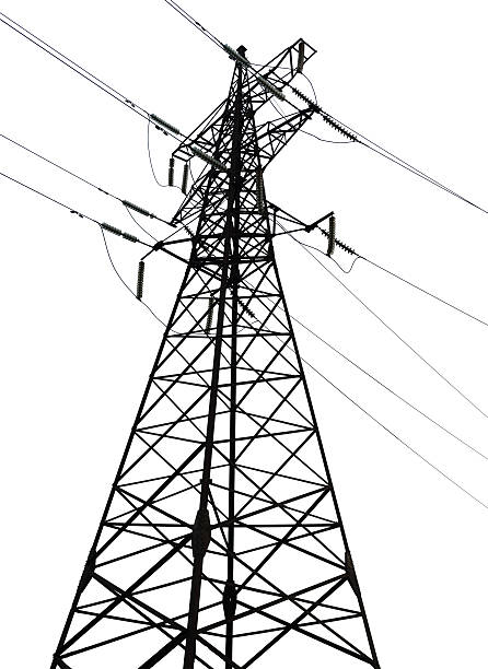 istock Electricity pylon isolated on white background 585516160