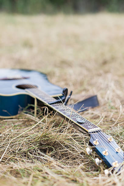 istock Blue Wooden acoustic guitar lying on grass 585519058