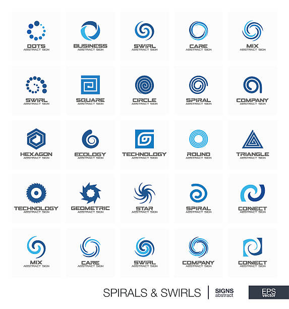 illustrazioni stock, clip art, cartoni animati e icone di tendenza di set di segni astratti per la società aziendale. onda, cerchio, molla, rotazione - spirale ricciolo