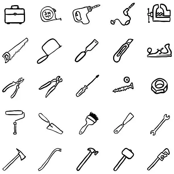Vector illustration of Vector Set of Black DoodleWork Tools Icons